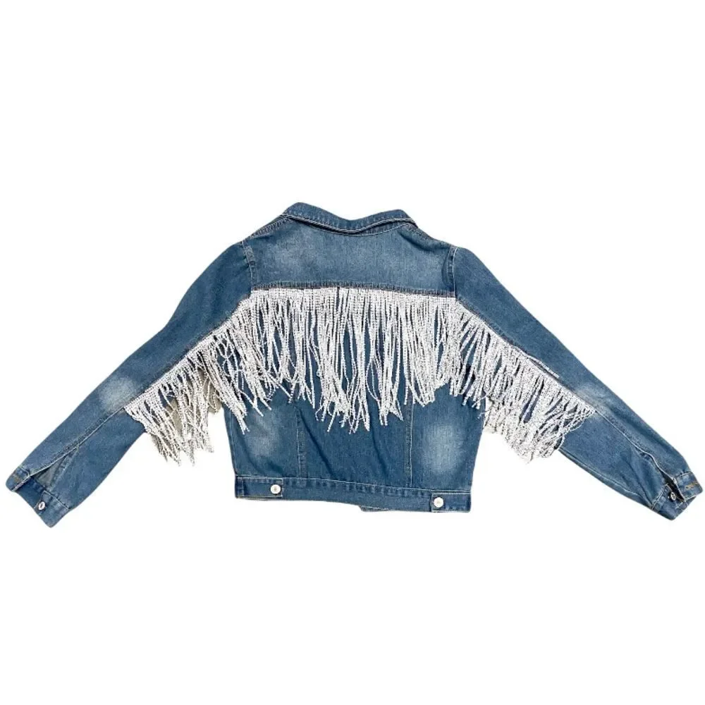 4 Fashion Aolinna Rhinestone Fringe Blue Denim Jacket Size XXL NWOT